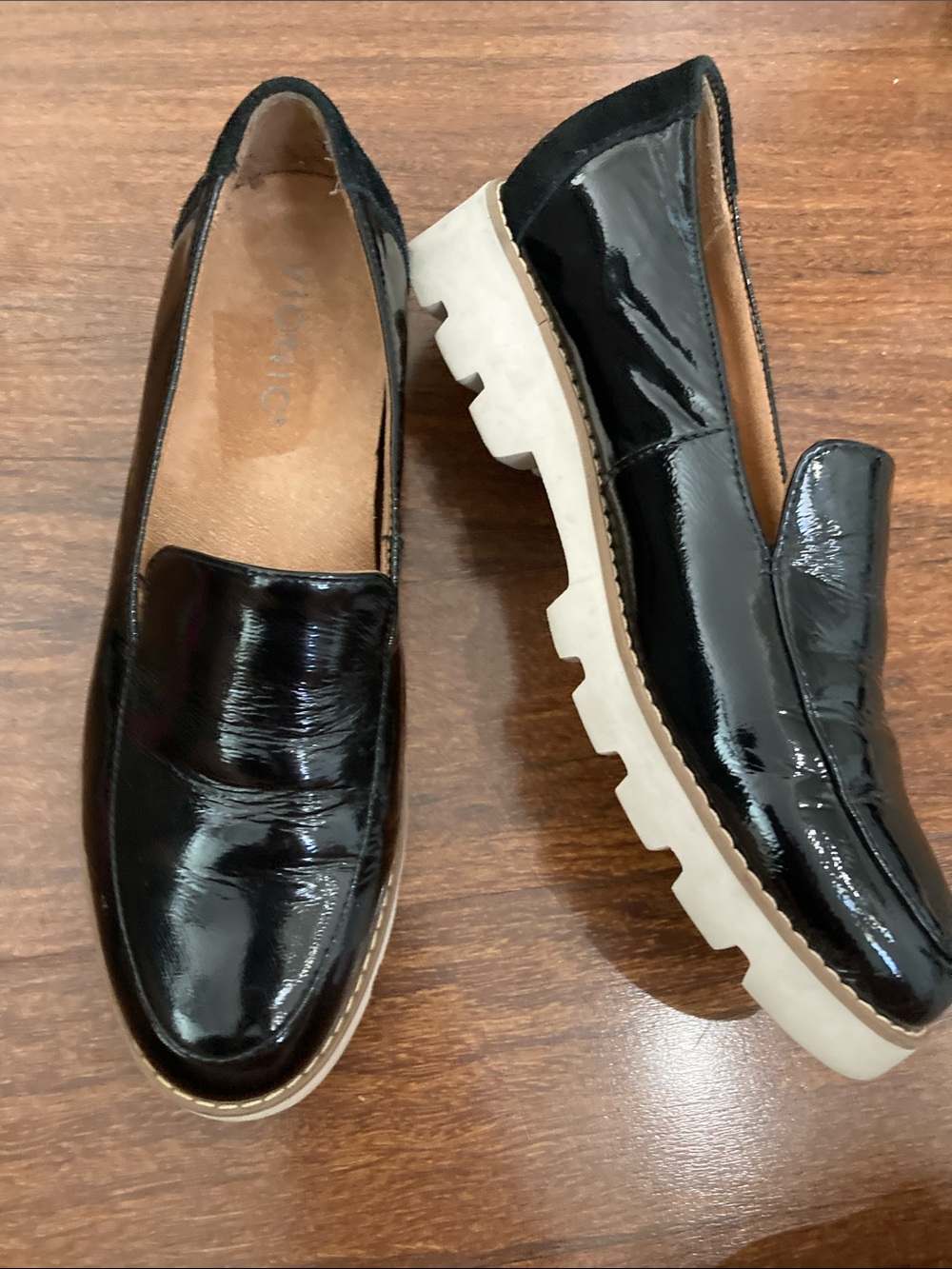 Vionic Black Patent Leather Lug Sole Loafers